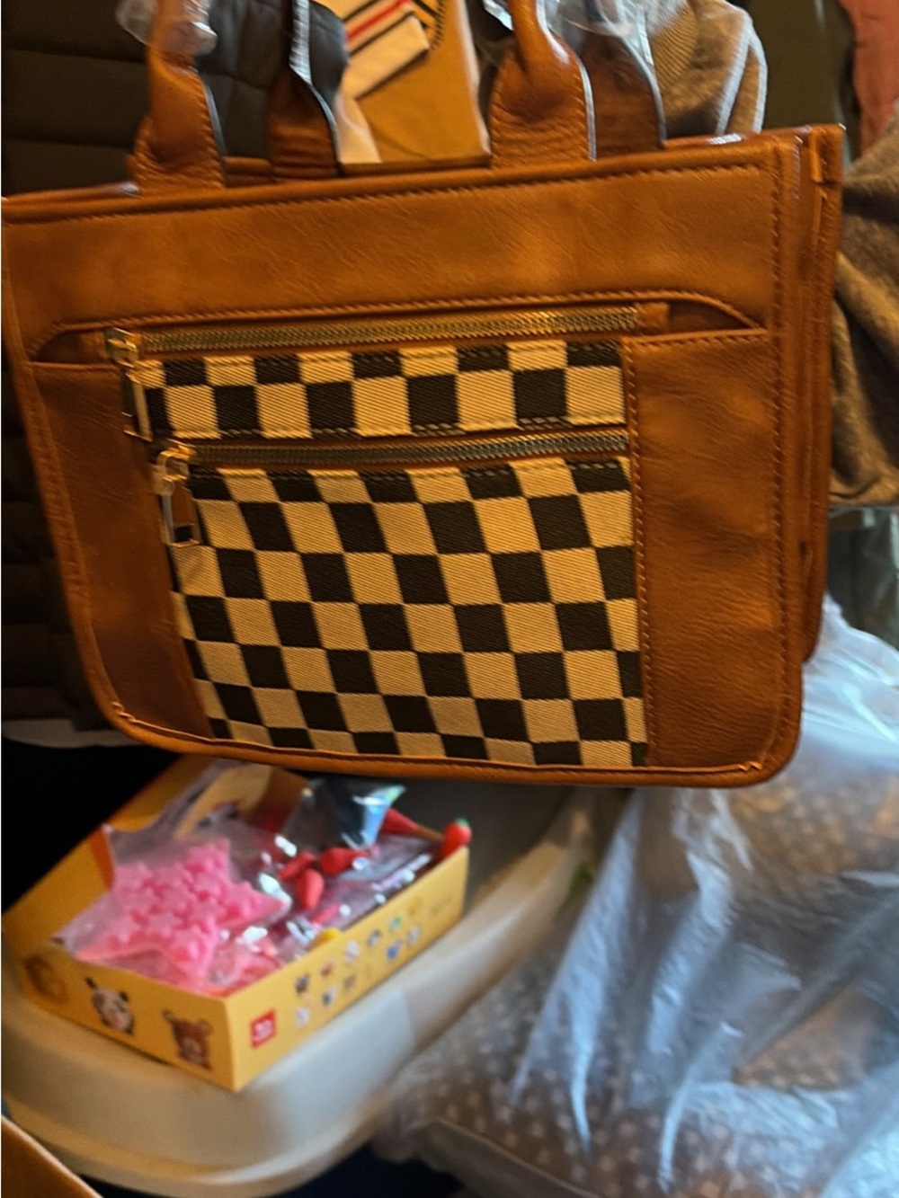 Brown Leather-Look Checkerfront Tote Bag